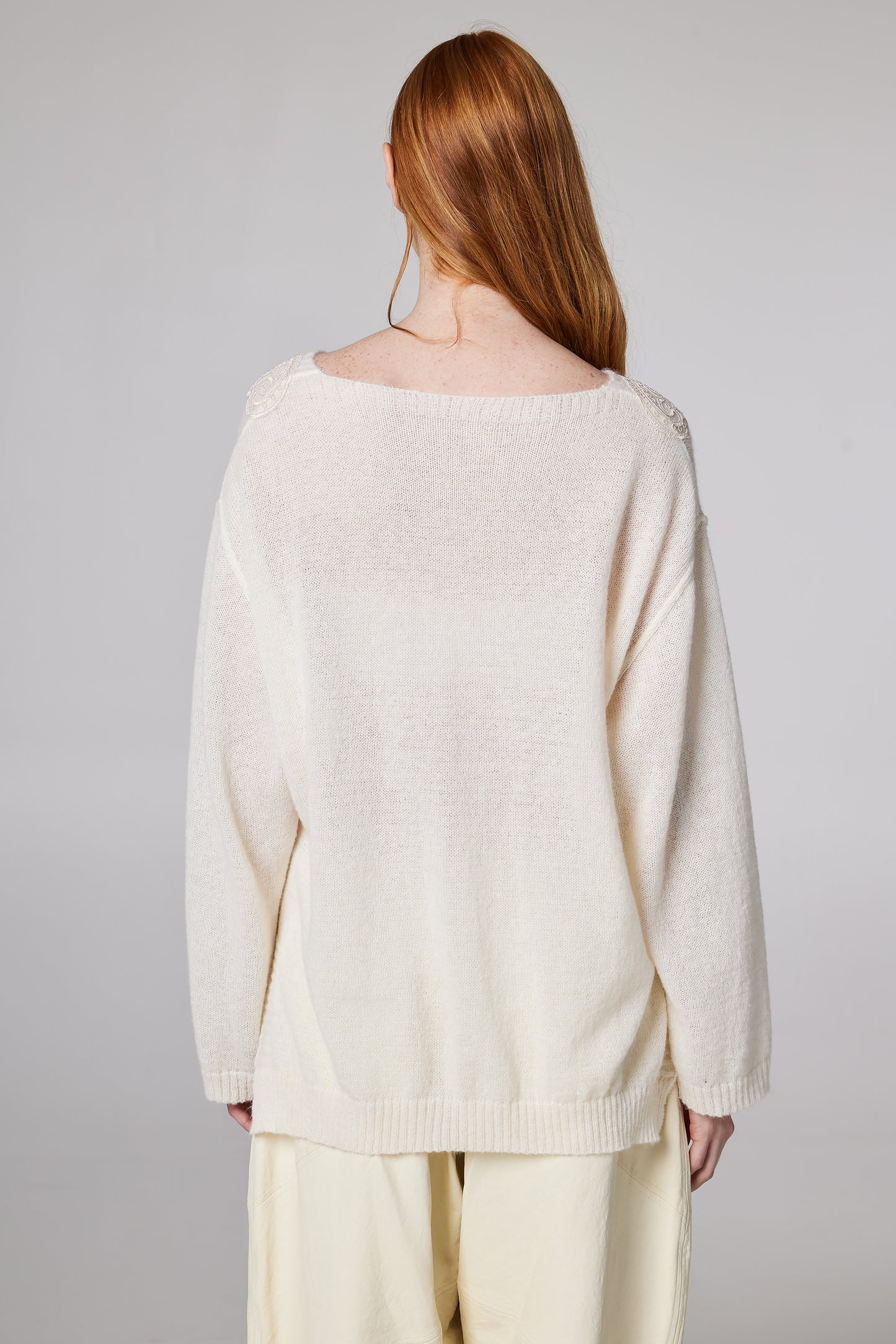 V-Neck Wool Blouse With Top Lace Details