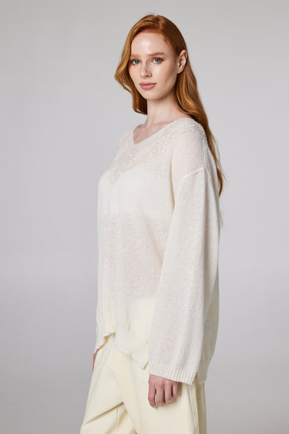V-Neck Wool Blouse With Top Lace Details