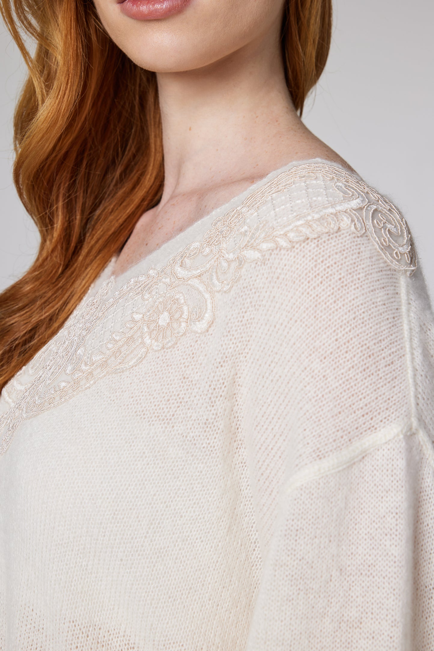 V-Neck Wool Blouse With Top Lace Details