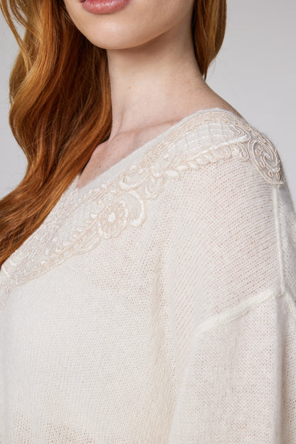 V-Neck Wool Blouse With Top Lace Details
