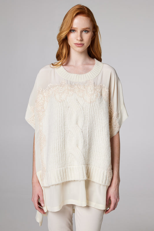 Knitwear Blouse With Top Lace And Silk Details