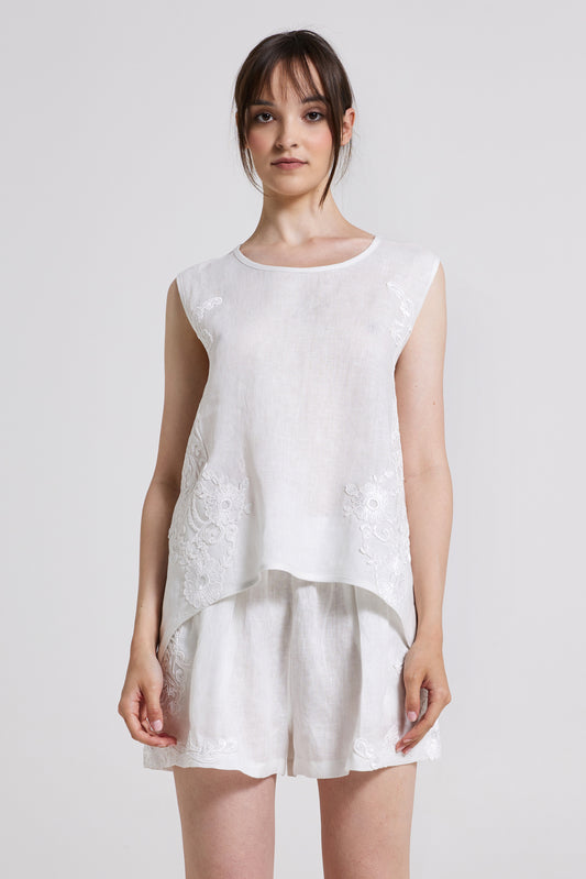 Linen Sleeveless Blouse With Lace Corner Details