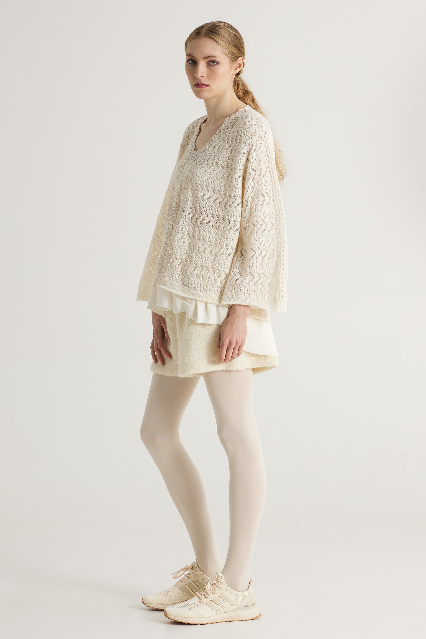 Knitwear Blouse With Lace Neck And Front Details
