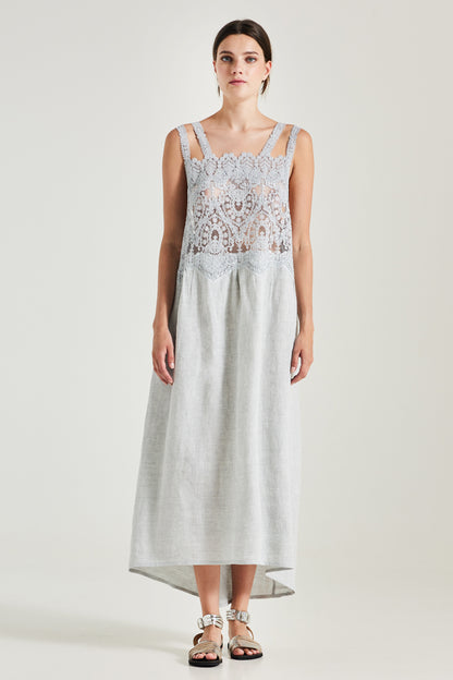 Double Strap Linen Dress With Top Lace Details And Open Back