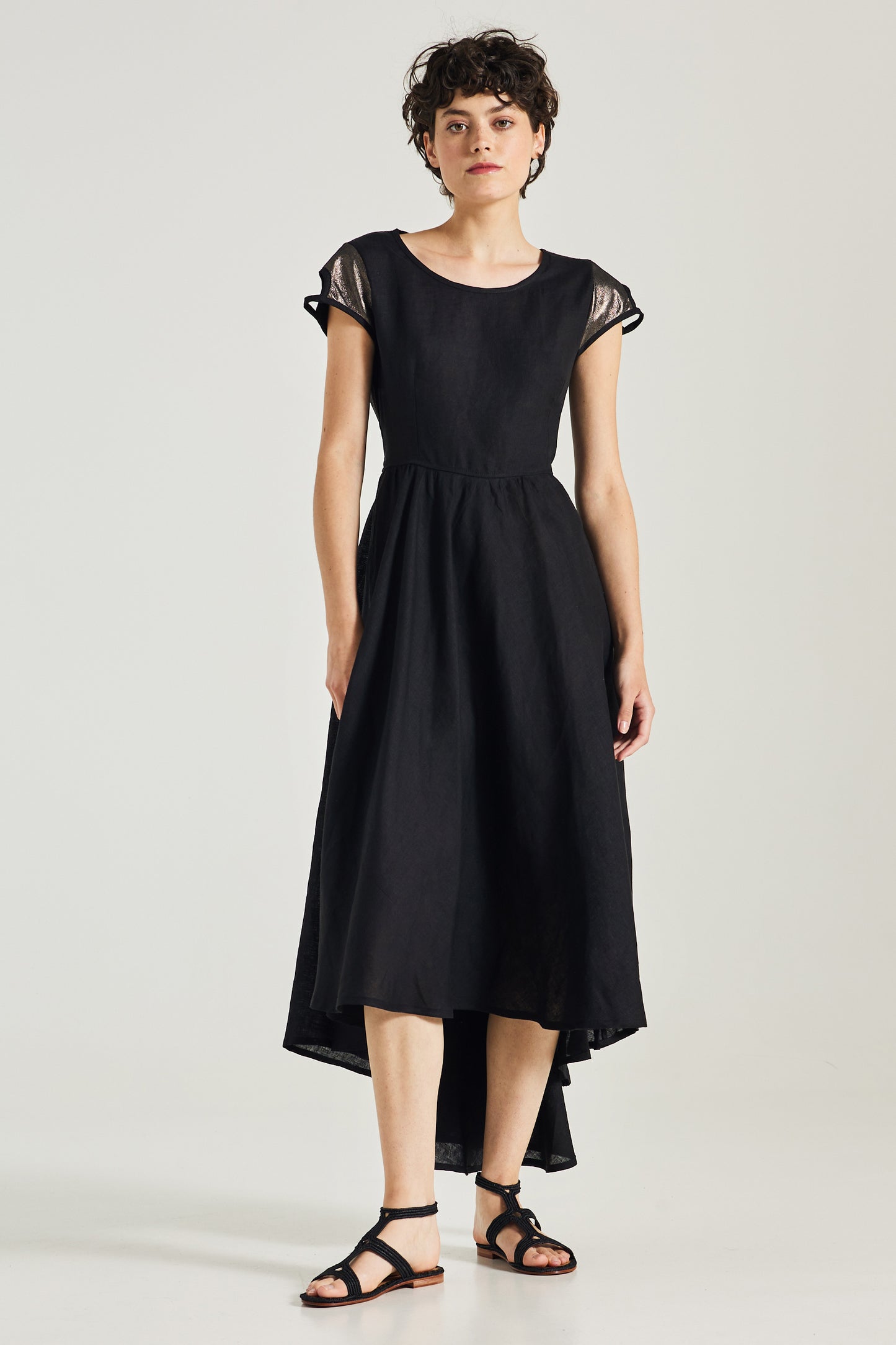 Linen Dress With Open Back And Leather Details