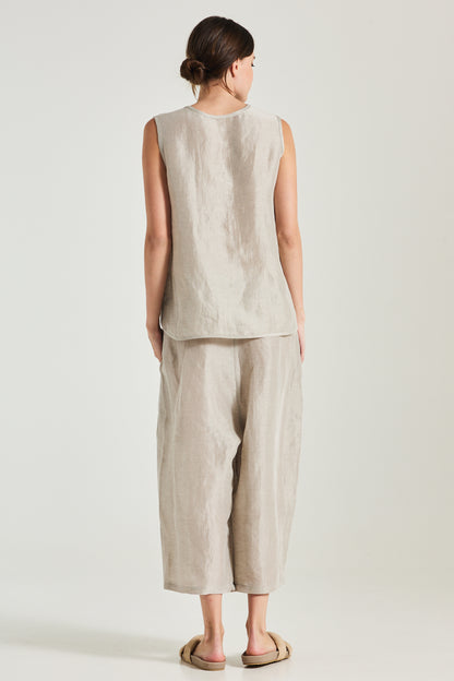 Linen And Silk Trousers With Elastic Waistband And Front Pleats