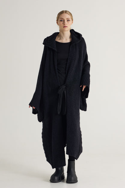 Oversized Wool Coat With Hood And Front Ribbon