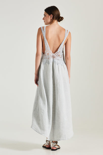 Double Strap Linen Dress With Top Lace Details And Open Back