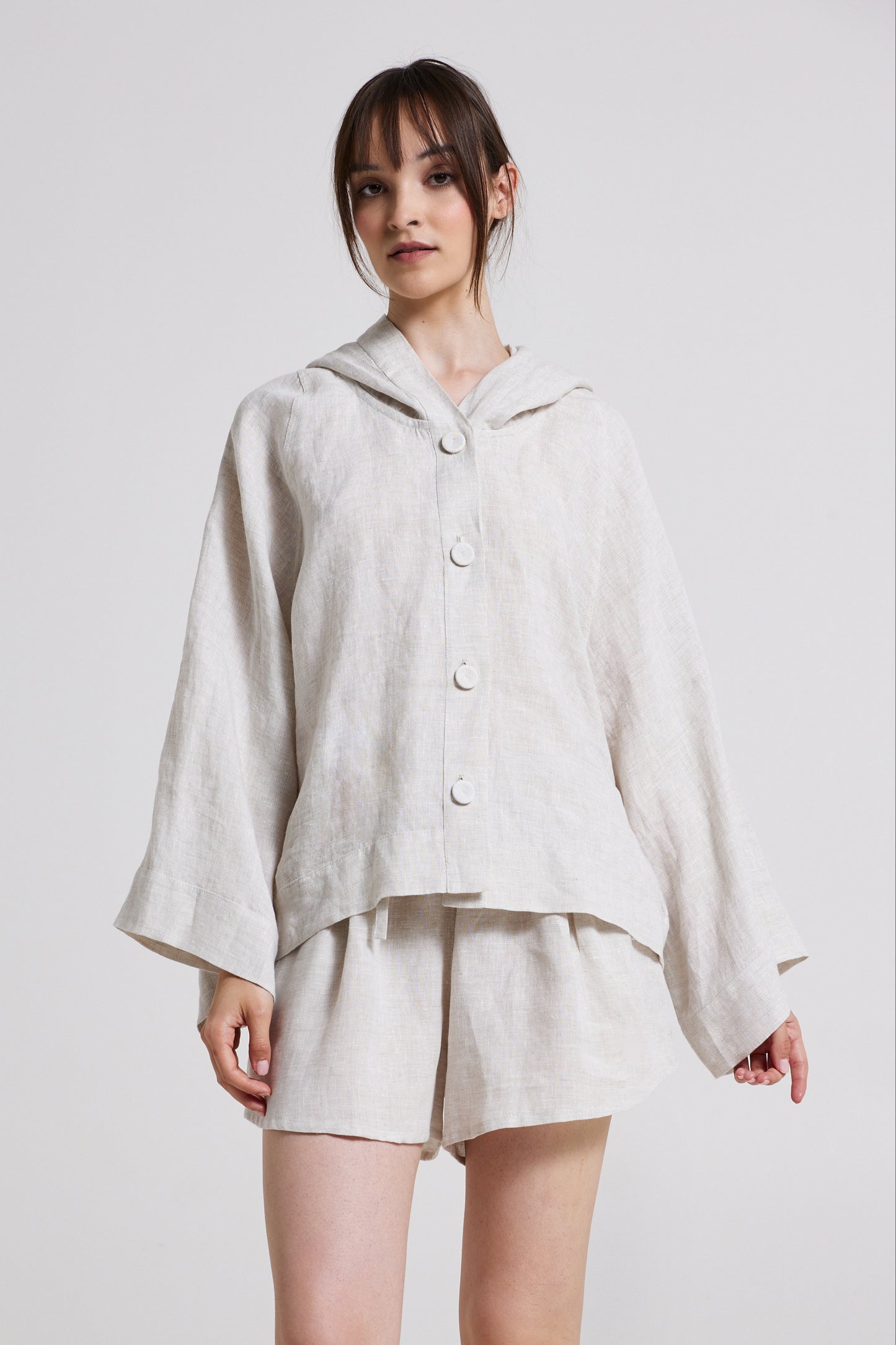 Linen Jacket With Hood Lace Details