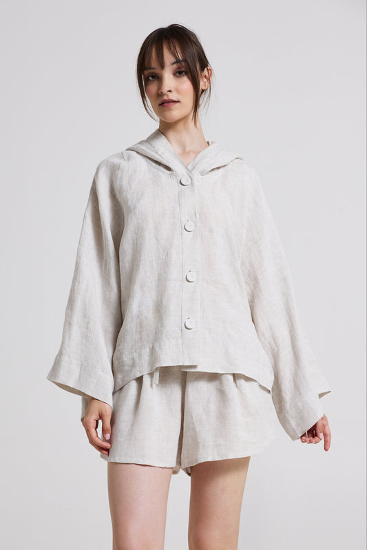Linen Jacket With Hood Lace Details