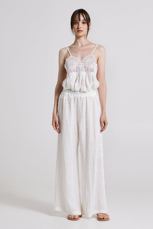 Linen Wide Trousers With Lace Side Details And Elastic Waistband