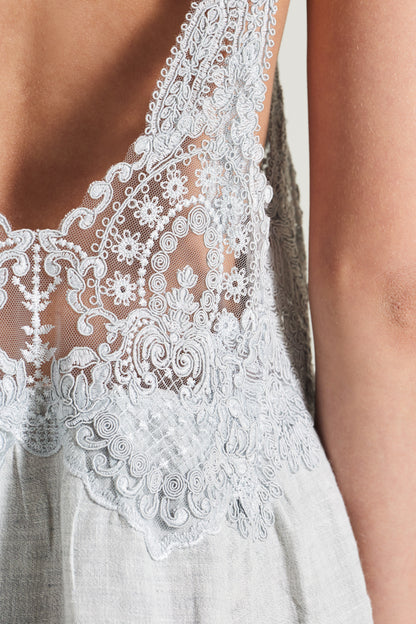 Double Strap Linen Dress With Top Lace Details And Open Back