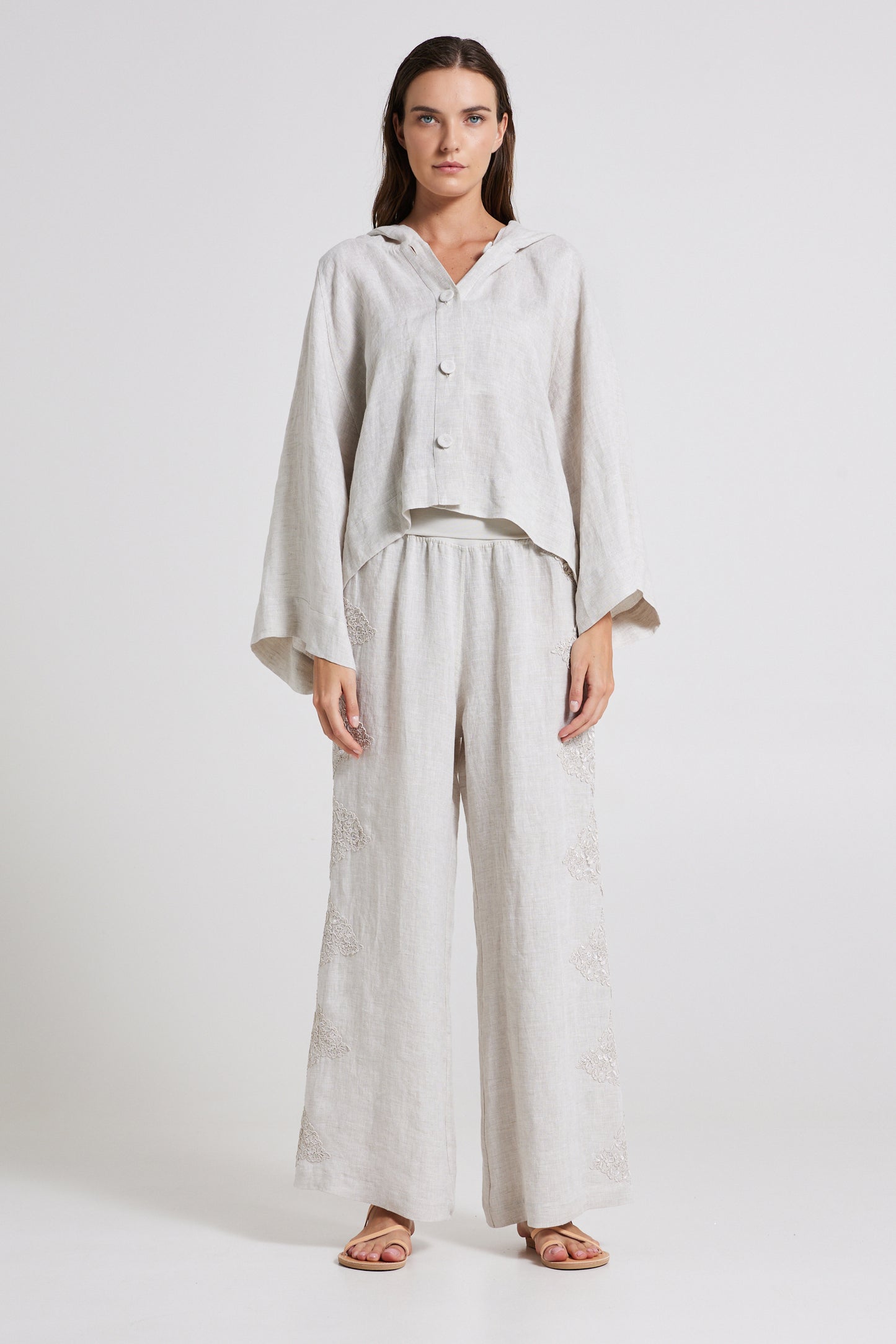 Linen Trousers With Side Lace Details And Elastic Waistband