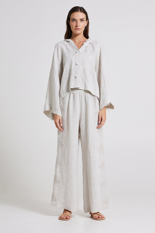 Linen Trousers With Side Lace Details And Elastic Waistband