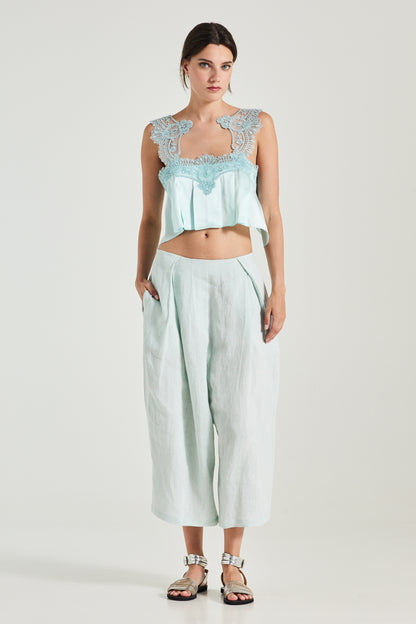 Linen Blouse With Double Back Opening With Lace