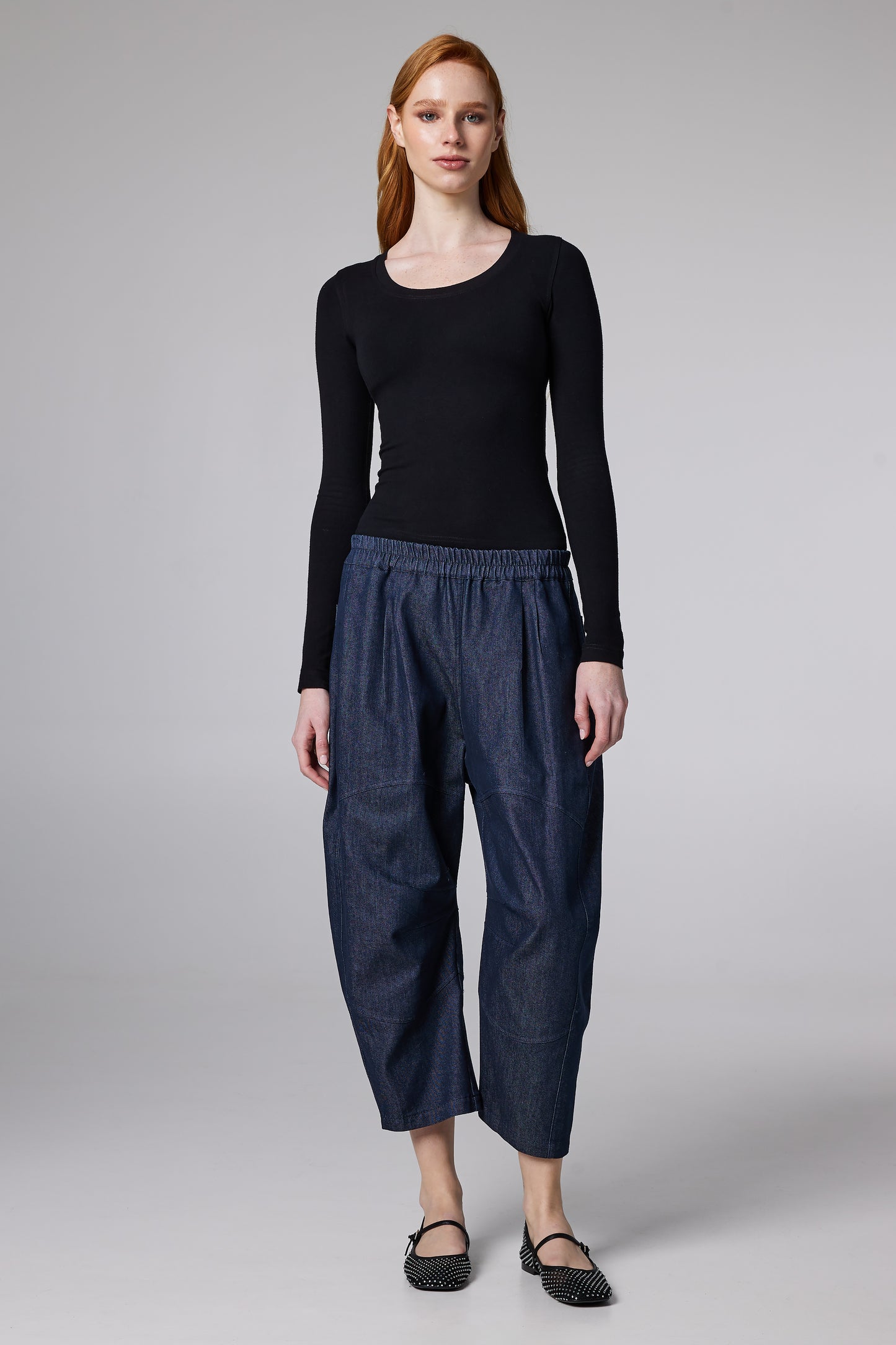 Cotton Denim Pegged Trousers With Elastic Waistband