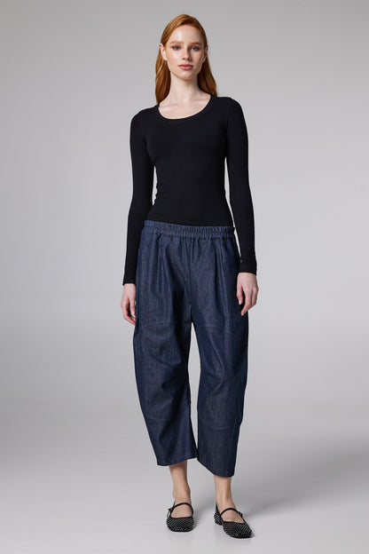 Cotton Denim Pegged Trousers With Elastic Waistband