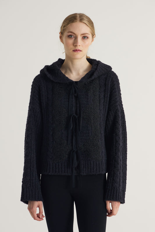 Hooded Knitwear Jacket With Front Lace Details And Ribbons