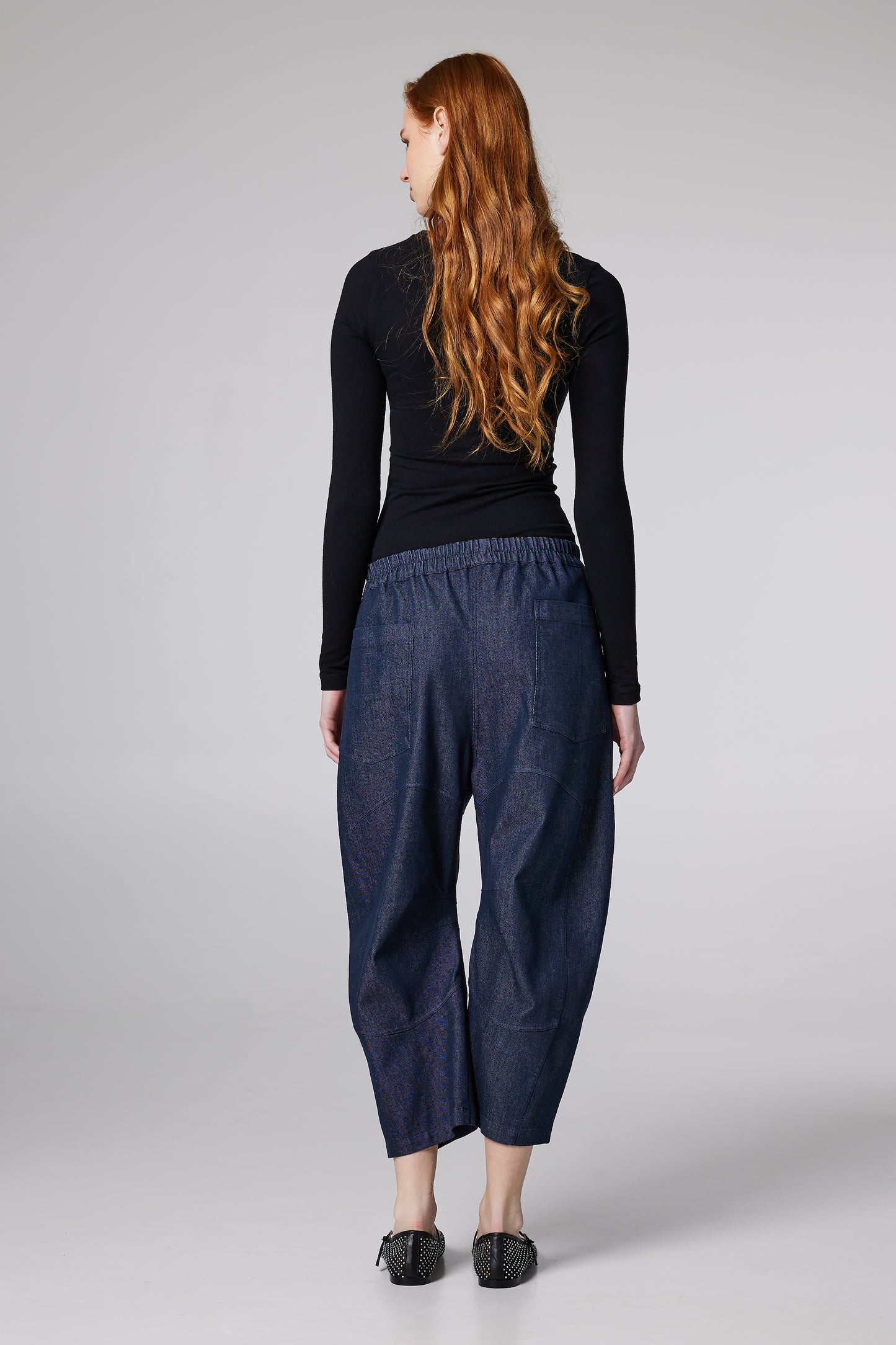 Cotton Denim Pegged Trousers With Elastic Waistband