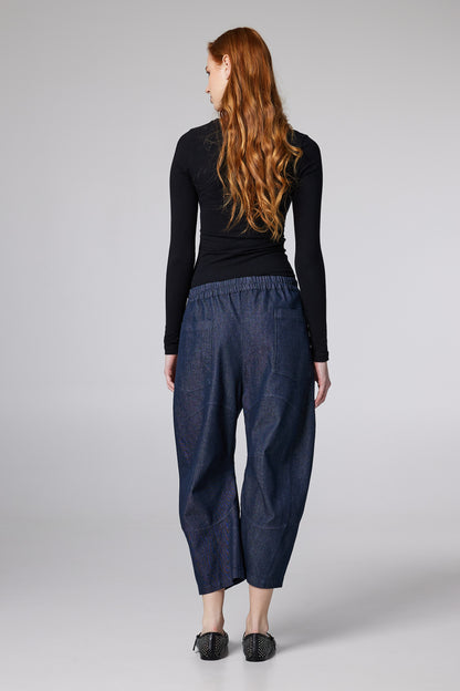 Cotton Denim Pegged Trousers With Elastic Waistband