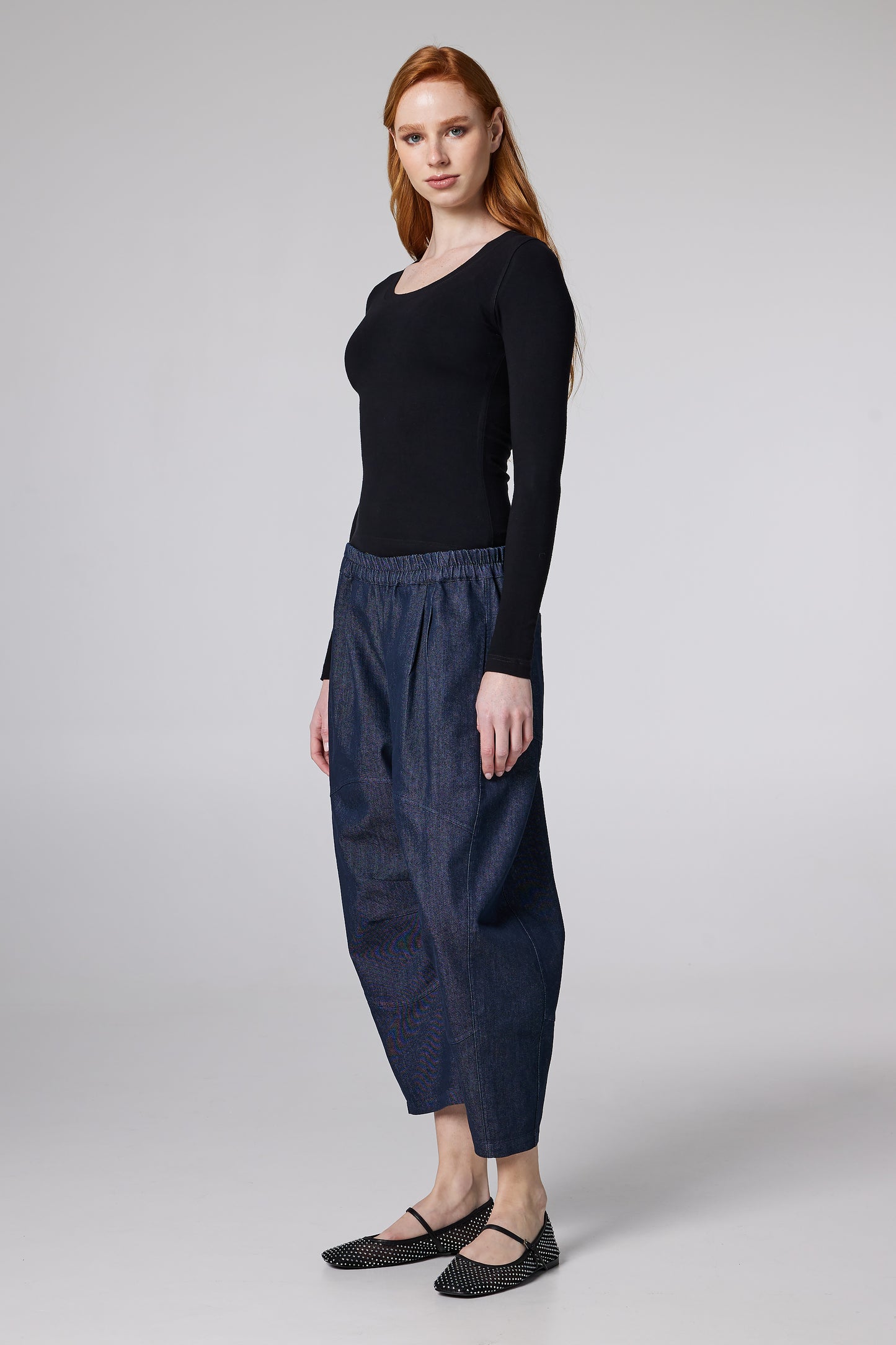 Cotton Denim Pegged Trousers With Elastic Waistband