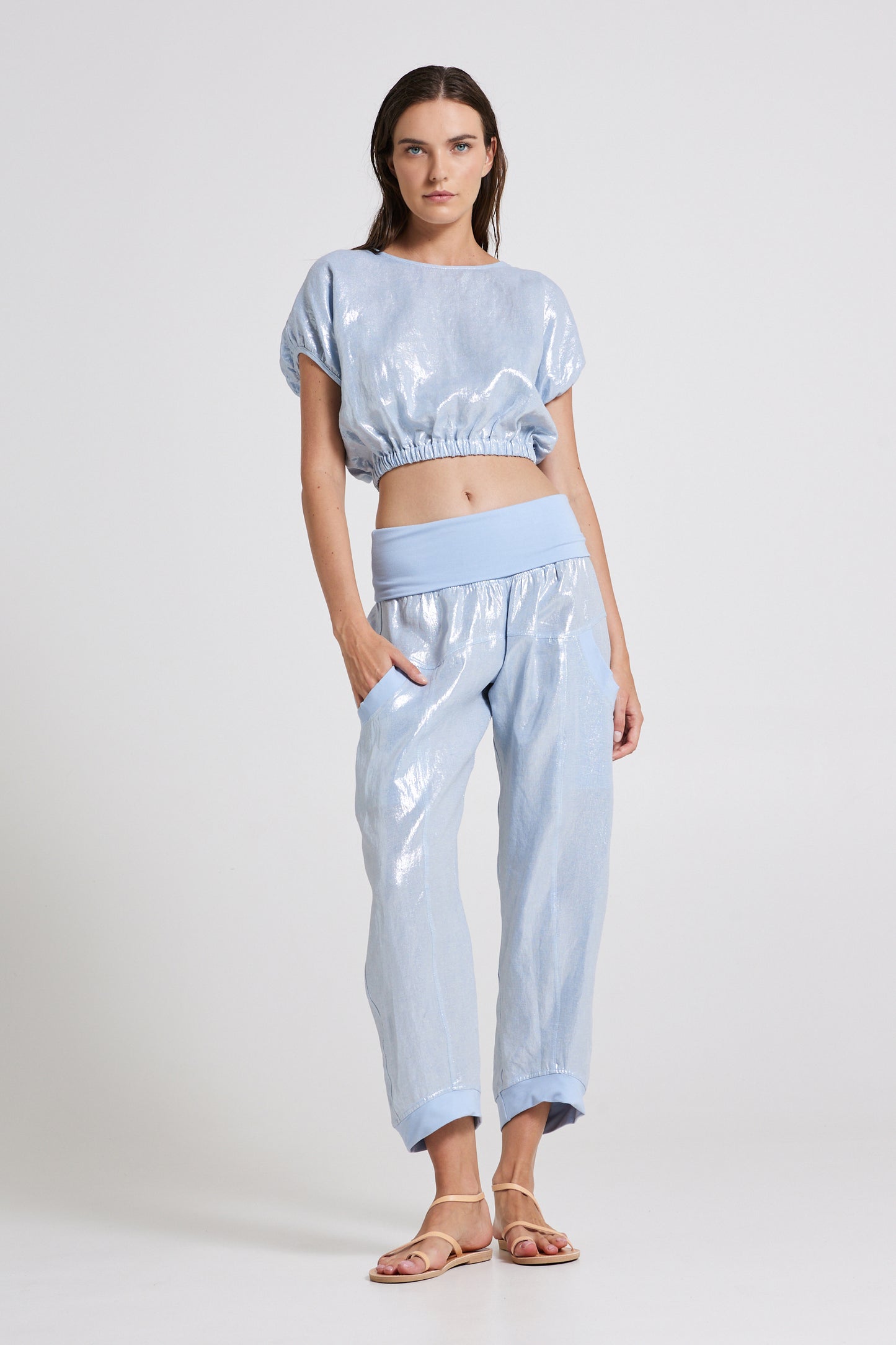 Linen Trousers With Elastic Waistband And Pockets