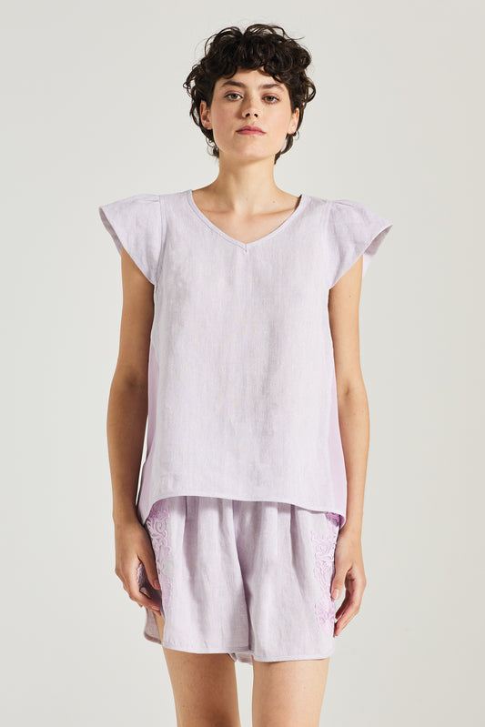 Linen Blouse With Cap Sleeves And V-Neck