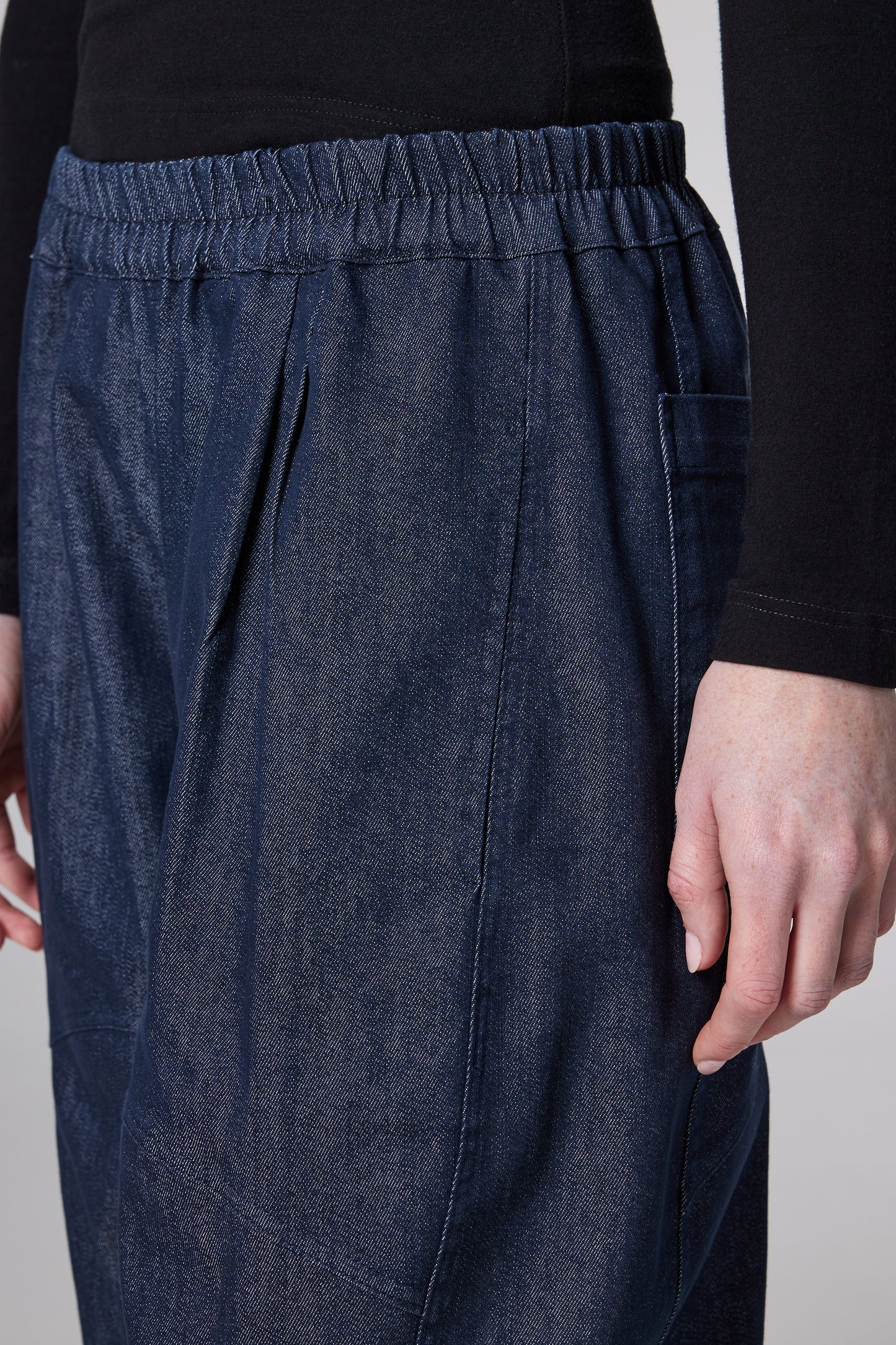 Cotton Denim Pegged Trousers With Elastic Waistband