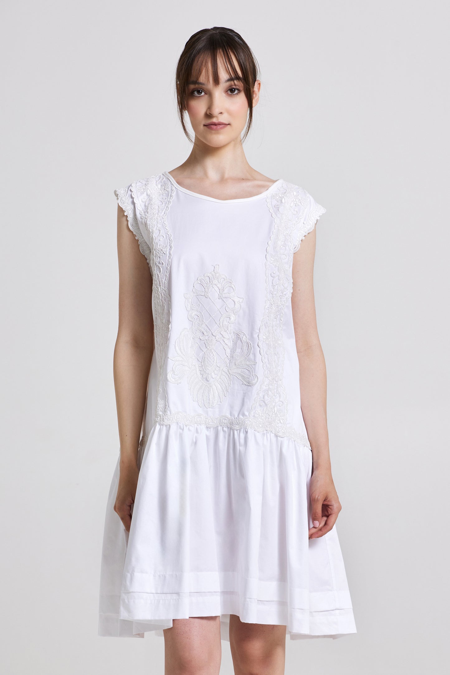 Drop Waist Cotton Dress With Lace Details