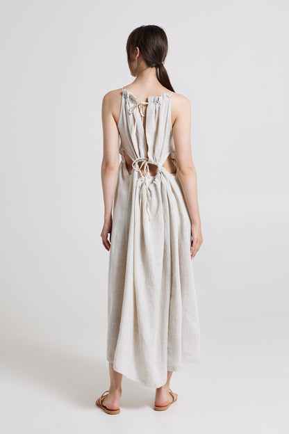 Linen Dress With Open Back Ribbons