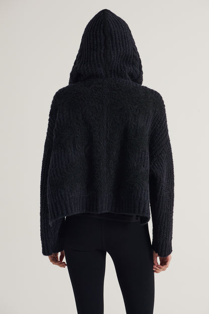 Hooded Knitwear Jacket With Front Lace Details And Ribbons