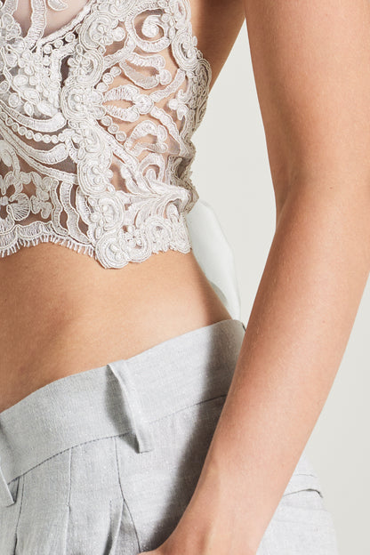 Lace Blouse With Open Back And Linen Ribbon