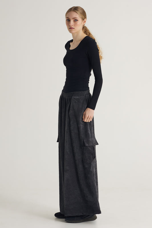 Corduroy Wide Pants With Elastic Waistband And Side Pockets