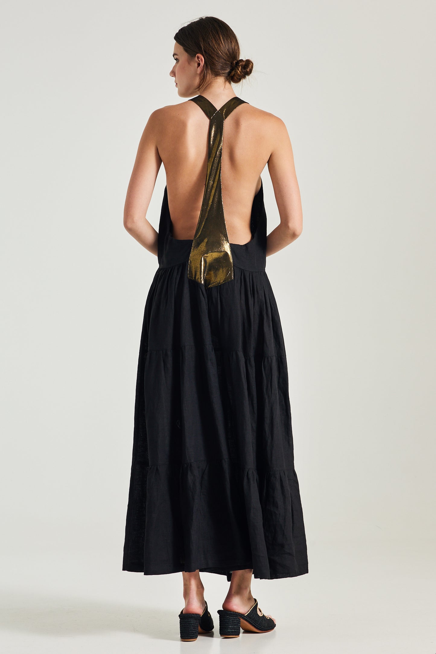 Long Linen Dress With Leather Straps And Back Opening