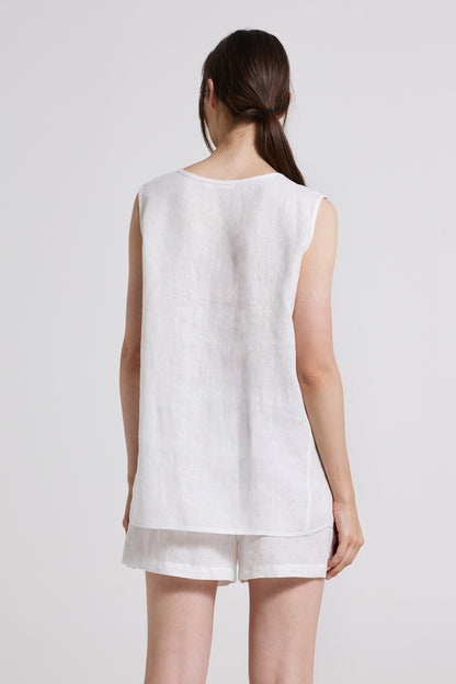 Linen Sleeveless Blouse With Lace Corner Details