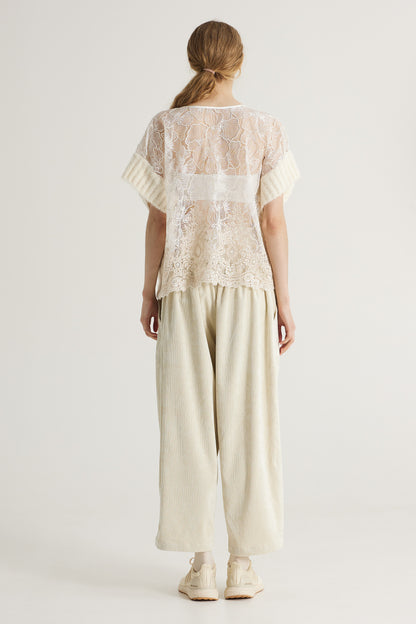 Wool Knitwear Blouse With Short Sleeve And Lace Details