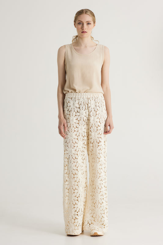 Flower Lace Trousers With Elastic Waistband