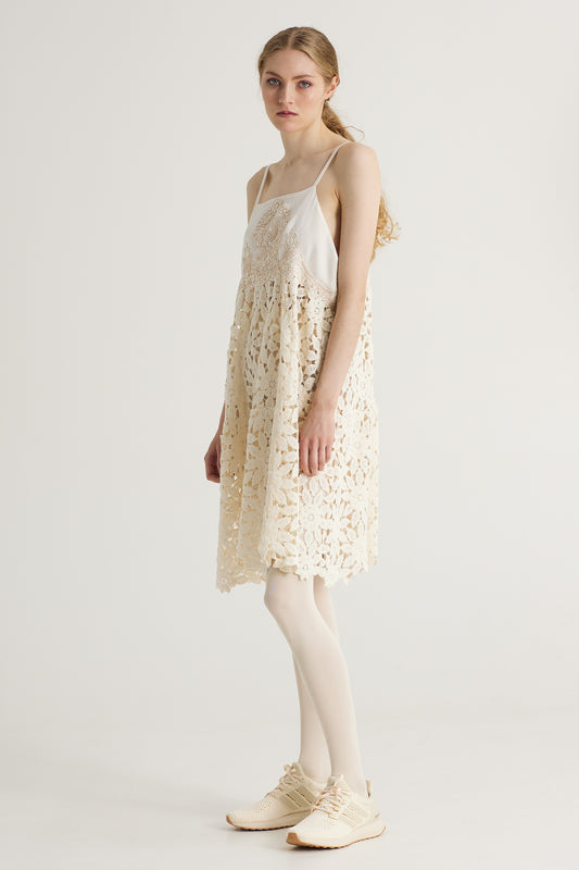 Sleeveless Cotton Dress With Flower Lace Bottom