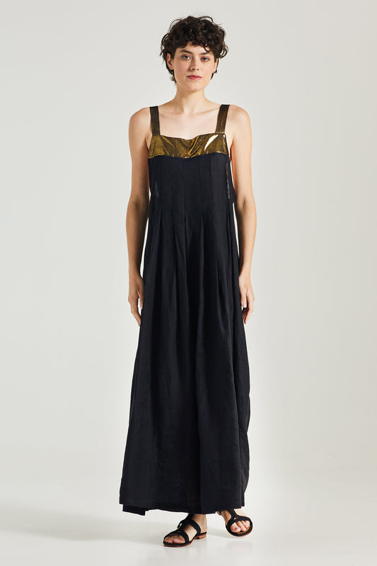 Long Linen Dress With Leather Back Details