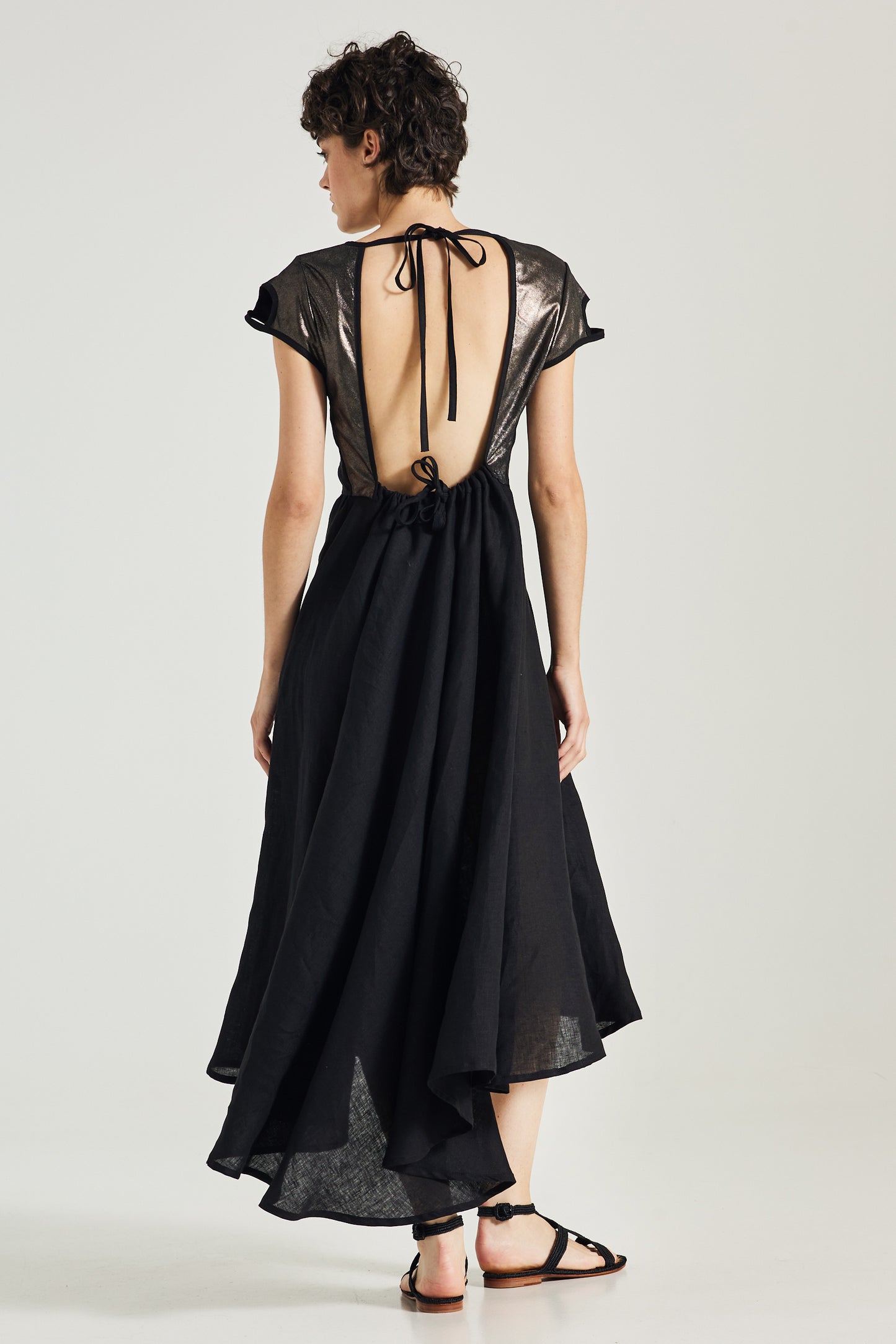 Linen Dress With Open Back And Leather Details