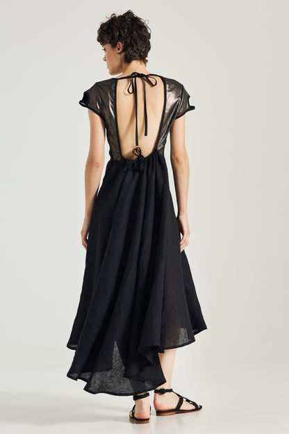 Linen Dress With Open Back And Leather Details