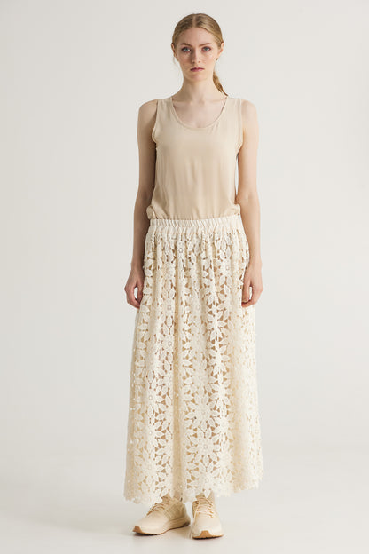 Flower Cotton Lace Long Skirt With Elastic Waistband