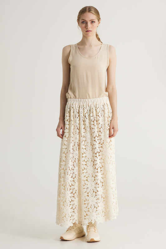 Flower Cotton Lace Long Skirt With Elastic Waistband