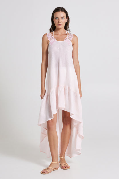 Linen Dress With Open Lace Back And Adjustable Straps