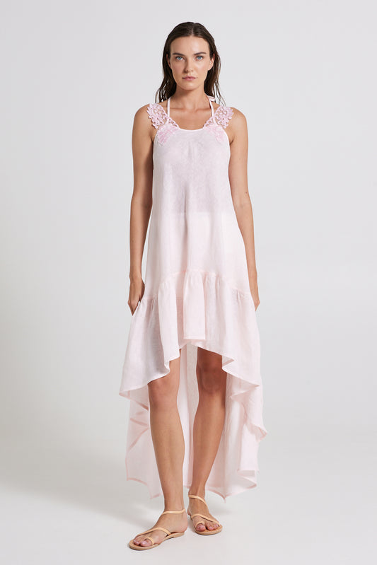 Linen Dress With Open Lace Back And Adjustable Straps