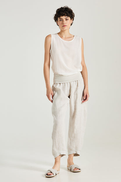 Linen Trousers With Elastic Waistband And Side Pockets