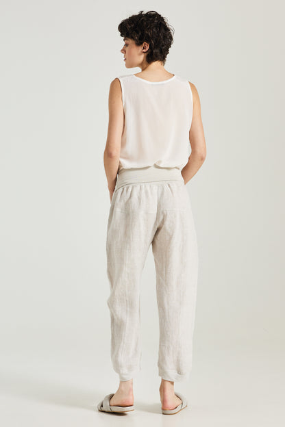 Linen Trousers With Elastic Waistband And Side Pockets