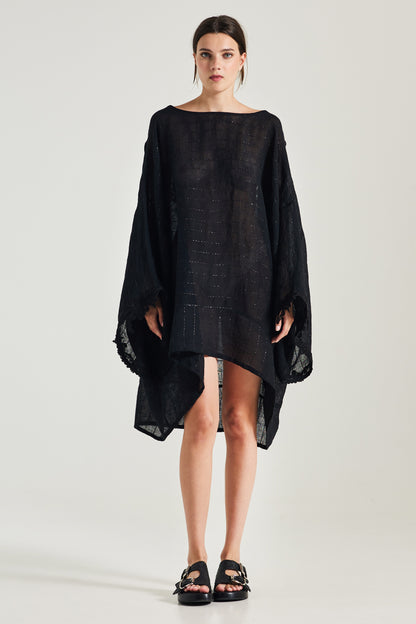 Linen Caftan With Horizontal Shinny Details And See-through Back