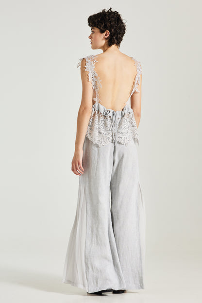 Lace Blouse With Open Back And Linen Ribbon