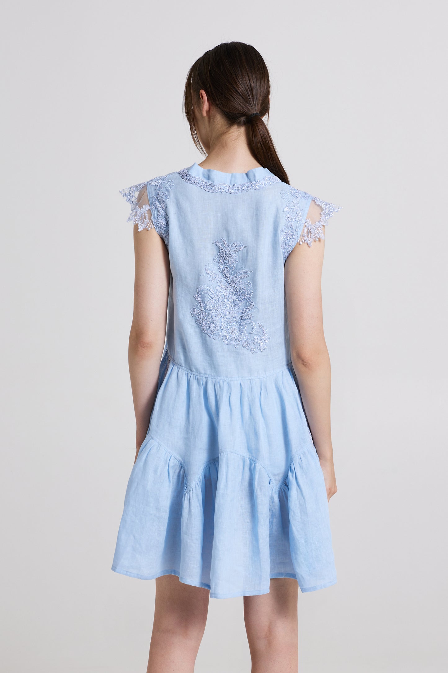 Mini Linen Dress With Front Ribbon And Lace Details